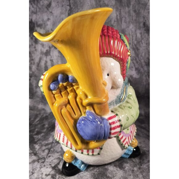 Fitz & Floyd Snowman Jamboree Hand-Painted Ceramic Pitcher With Trumpet Handle - Picture 1 of 6